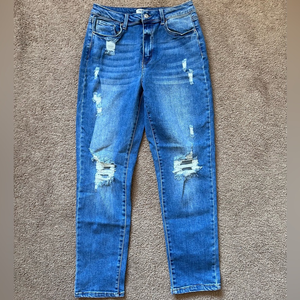 High-waisted slim distressed blue jeans